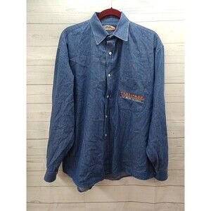 Vtg Cinemark Lo Mejor En Cine Shirt Mens Blue Chambray Button Up Long Sleeve XL